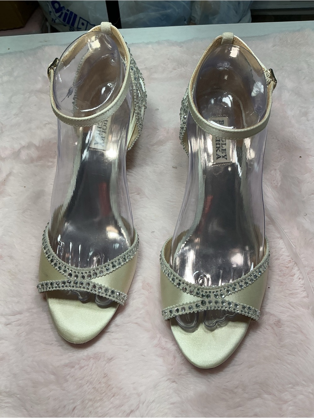 Badgley Mischka Ivory Satin Ankle-Strap Heels with Crystal Accents 138